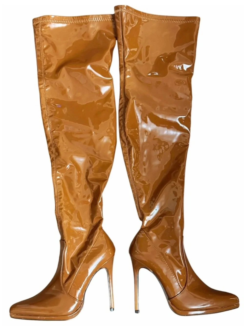 Shoe Dazzle Lekisha Tan /camel, Patent faux leather Thigh High Boots 6 NWOT